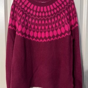 J. Crew Pink and Red Crew Neck Sweater with Fair Isle Design